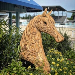 Teakwood ground-mounted horse head sculpture