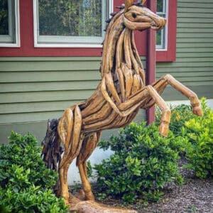 Teakwood rearing horse sculpture