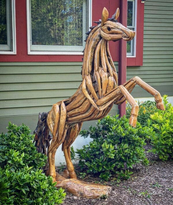 Teakwood rearing horse sculpture