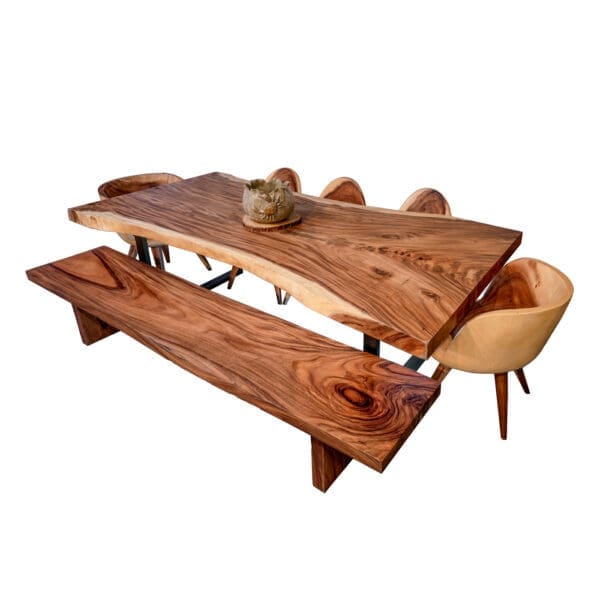 Live edge wood table with bench and chairs, rectangle